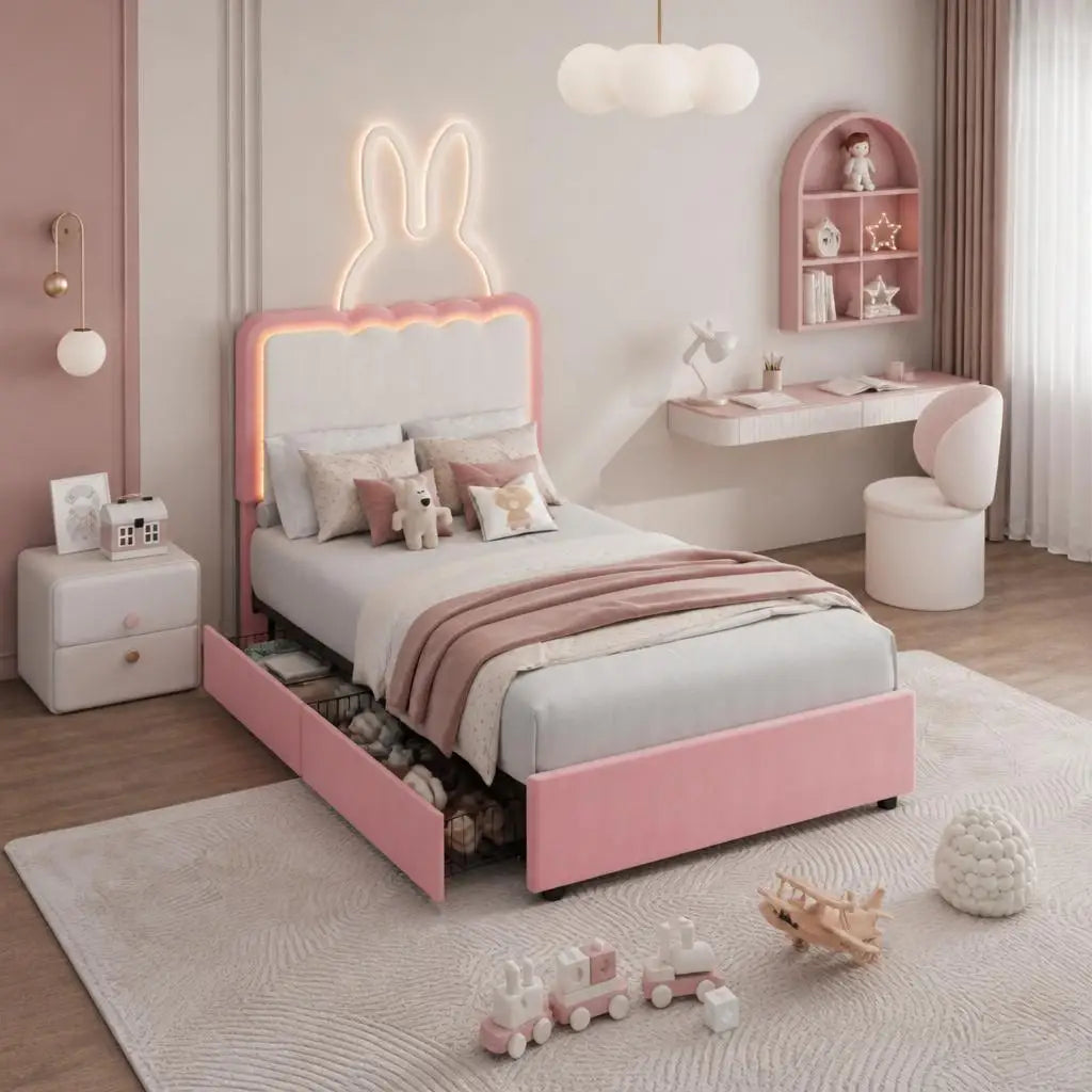GarveeLife LED Platform Bed Frame With Upholstered Headboard And Drawers