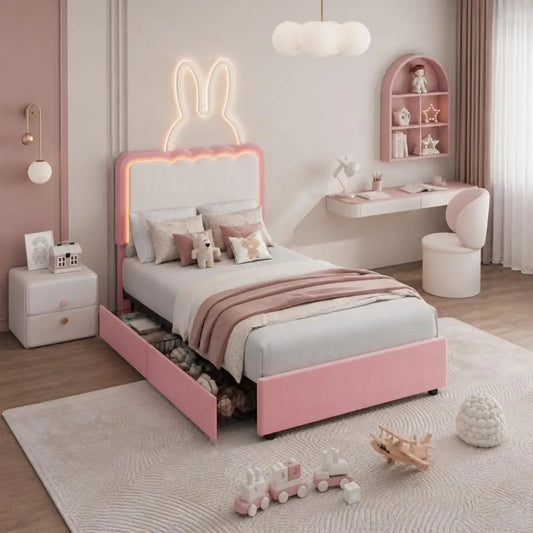 GarveeLife LED Platform Bed Frame With Upholstered Headboard And Drawers