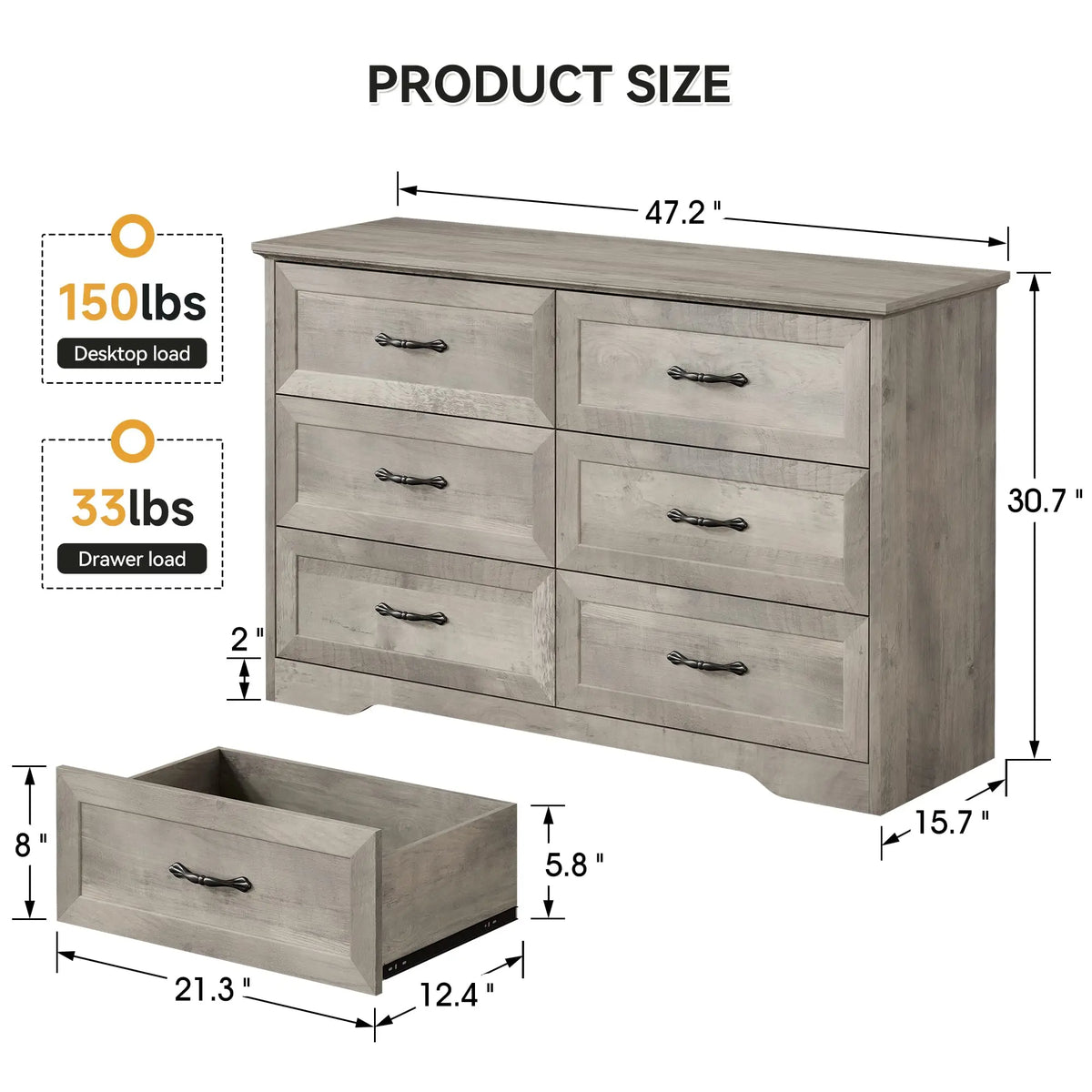 Studyset Six Drawer Wood Dresser for Bedroom and Living Room