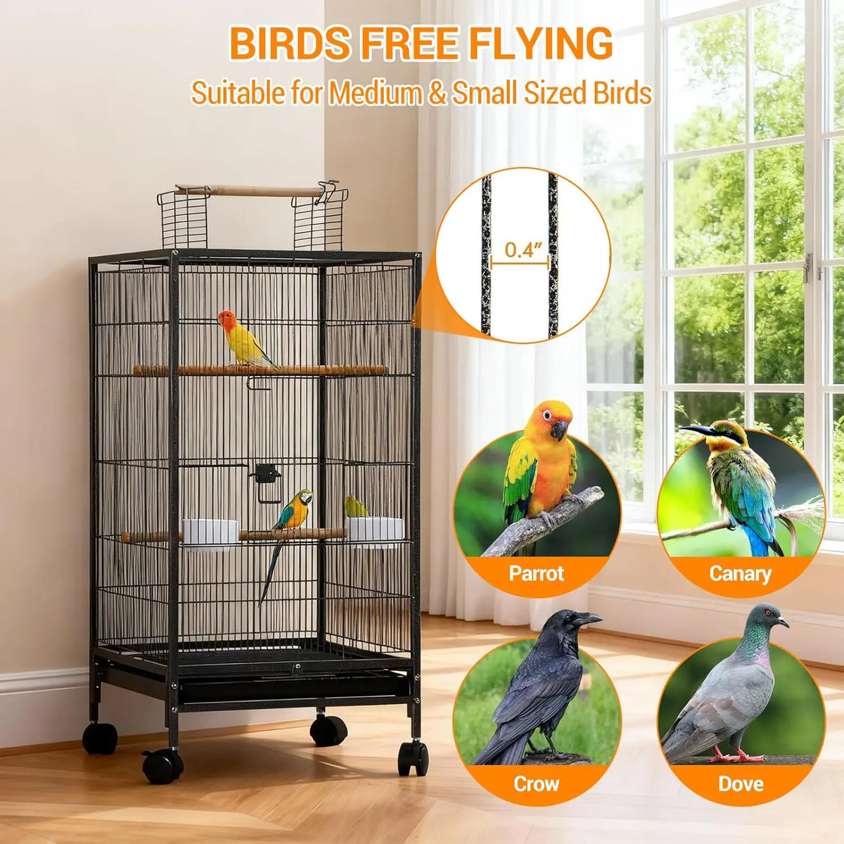 HiMISS Open Top Bird Cage With Rolling Stand And Feeder