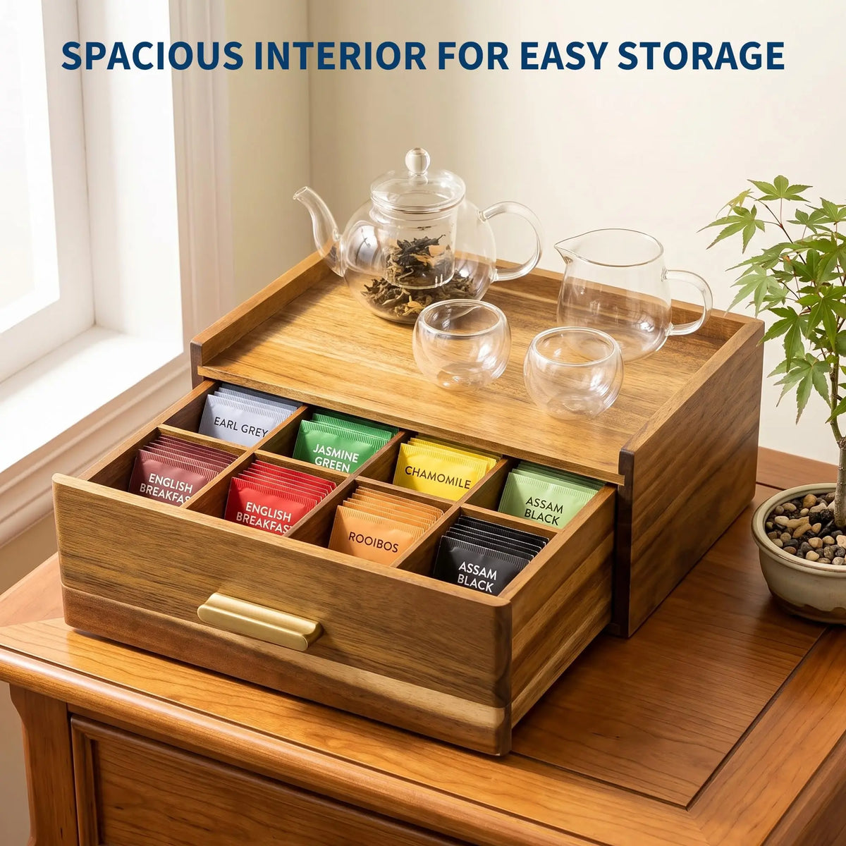 Wooden Tea Bag Organizer With Divided Compartments For Kitchen Storage