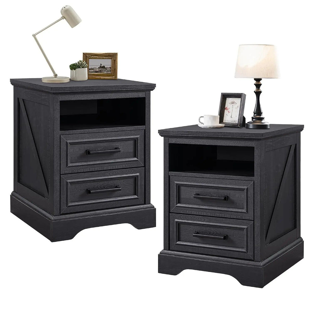 Farmhouse Nightstands Set of 2 With Drawers and Charging Station