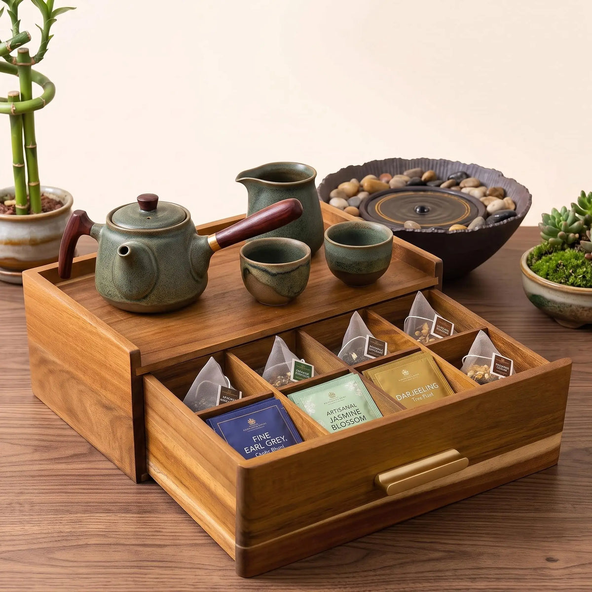 Wooden Tea Bag Organizer With Divided Compartments For Kitchen Storage