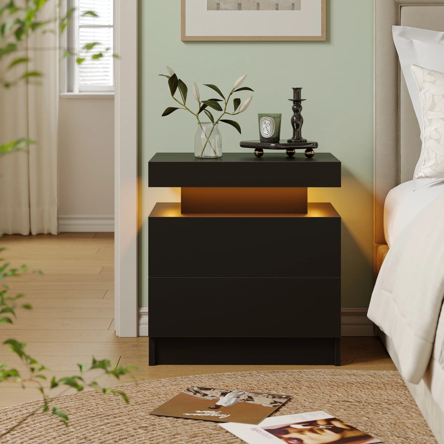 Cubehom Wooden Nightstand With Two Drawers And RGB Lighting Design