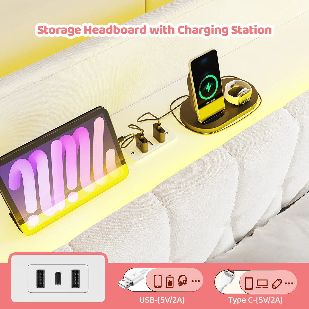 EnHomee Canopy Bed With LED Lights Charging Station Two Drawers