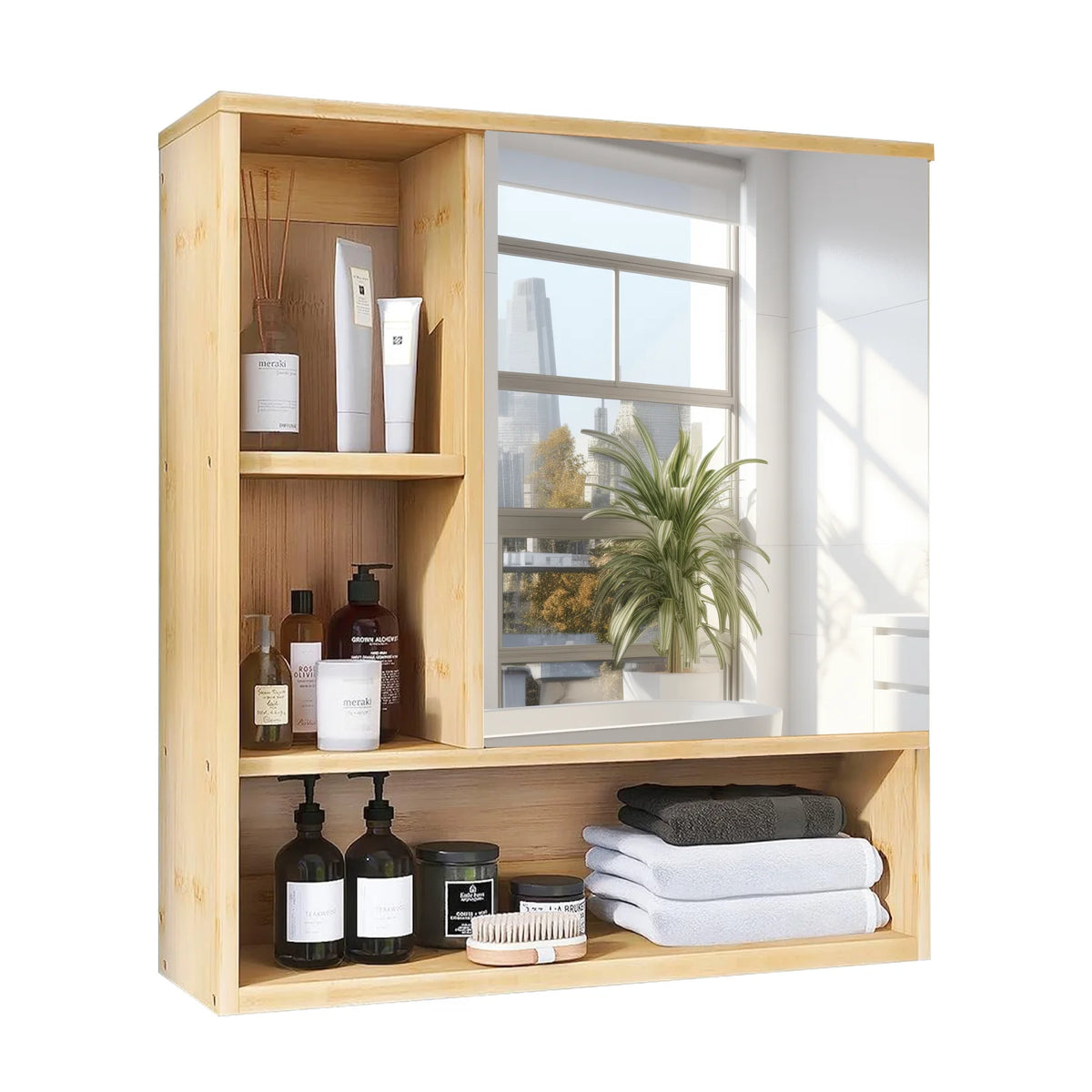Wisfor Bamboo Bathroom Cabinet With Mirror And Medicine Storage Shelves