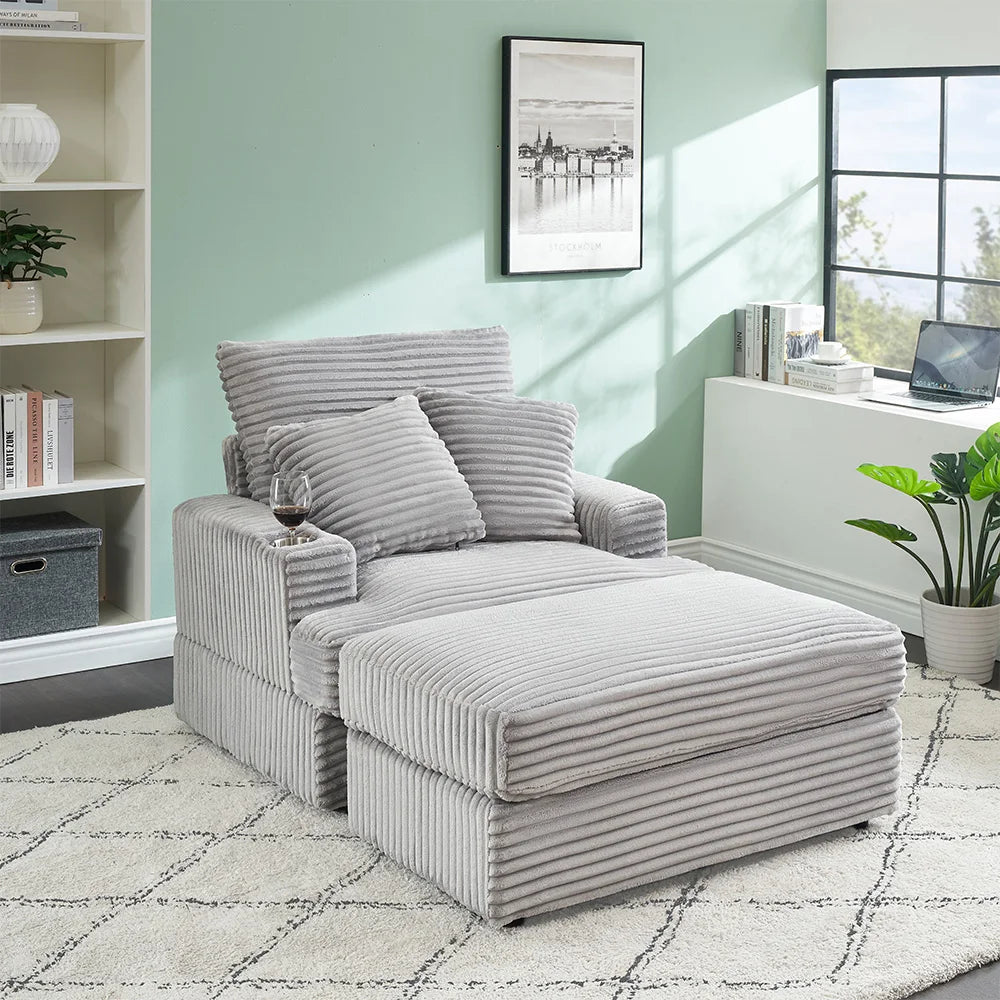 Modern Corduroy Single Sofa Chair With Footrests And Cup Holder