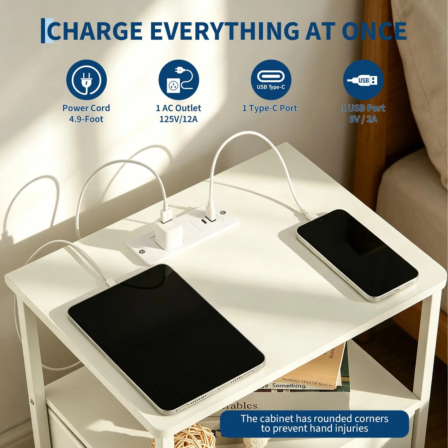 HiMISS Modern Nightstand With Charging Station And Fabric Drawer