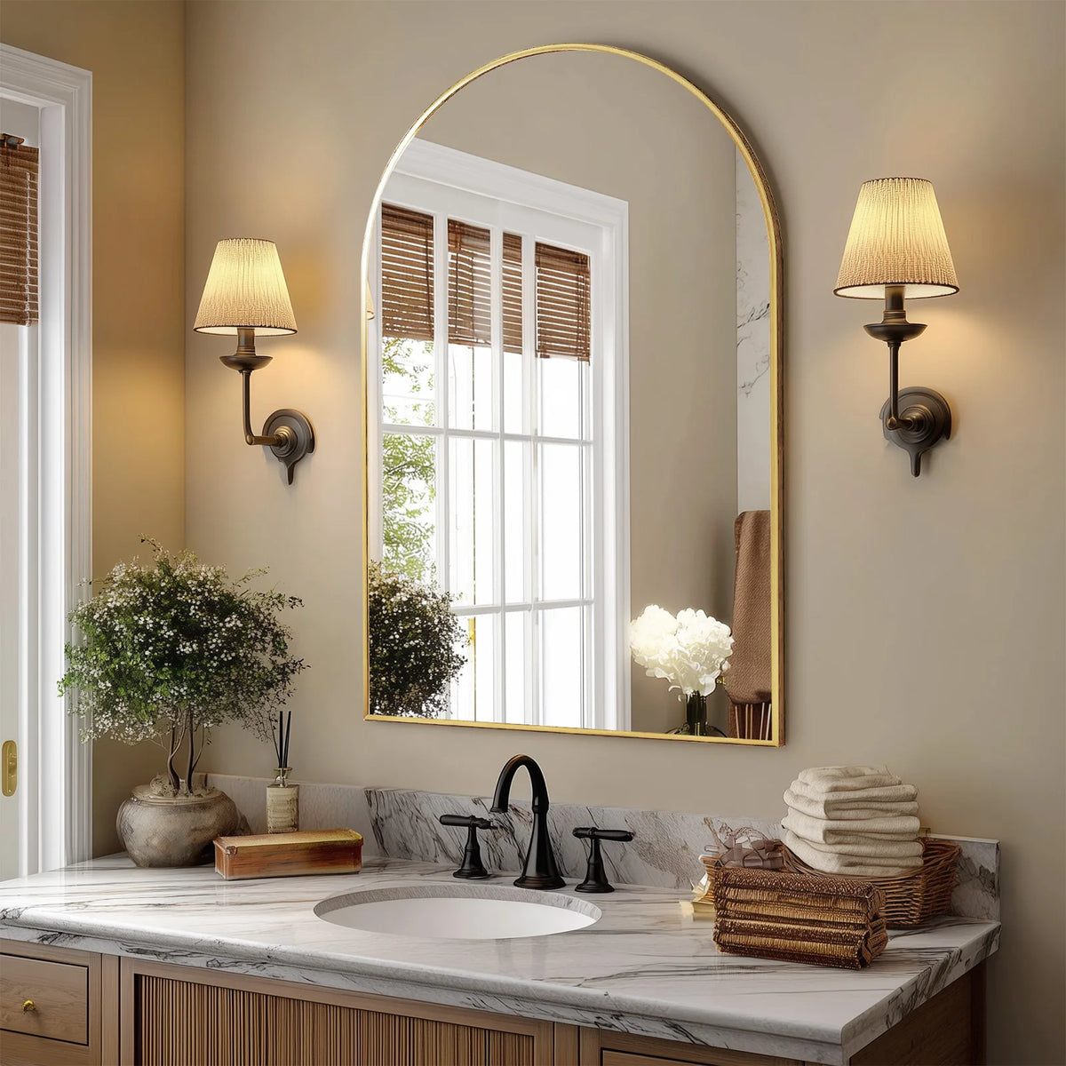 JHK Arched Metal Framed Wall Mirror For Bedroom Entryway