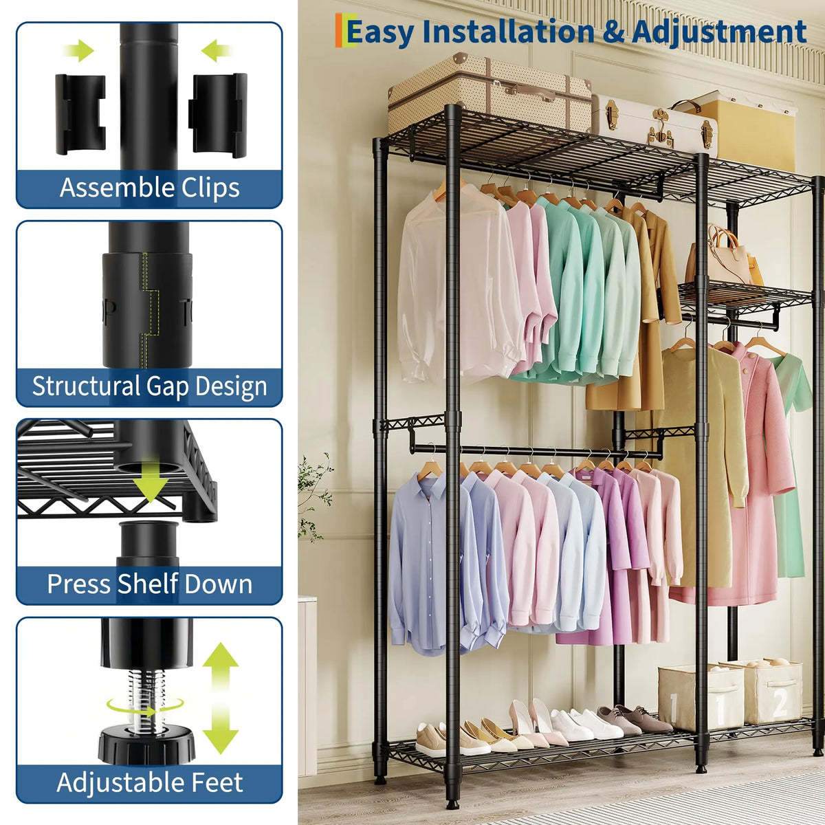 HiMiss Freestanding L Shaped Clothes Rack With Adjustable Shelves