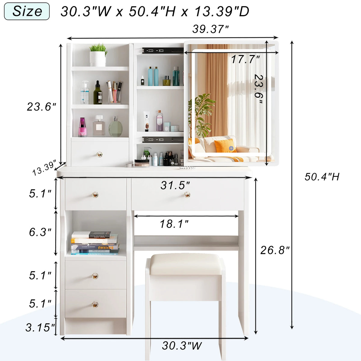 Modern Wooden Vanity Desk Featuring Adjustable LED Sliding Mirror