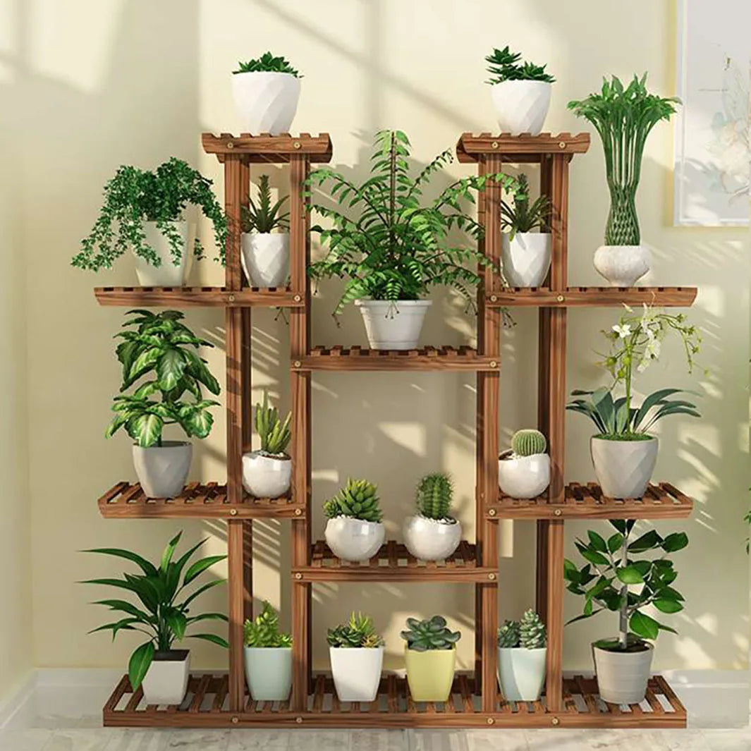 11 Tier Carbonized Wood Plant Stand Display Shelf Indoor Garden