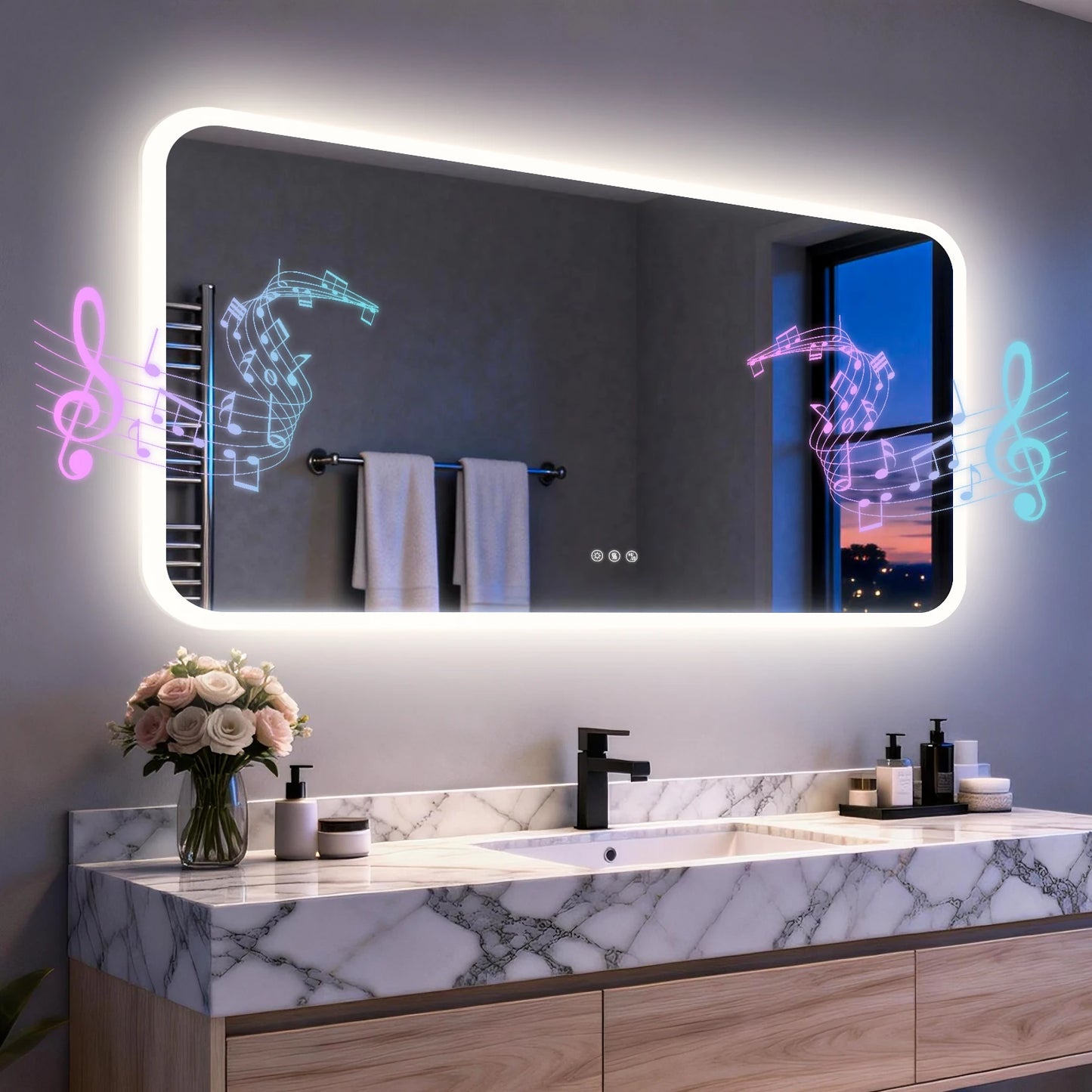 Smart LED Bathroom Mirror With Bluetooth Speakers And Dimmable Lighting