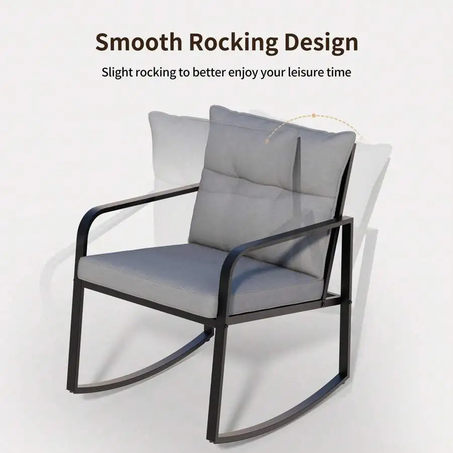 Three Piece Outdoor Rocking Bistro Set With Glass Coffee Table
