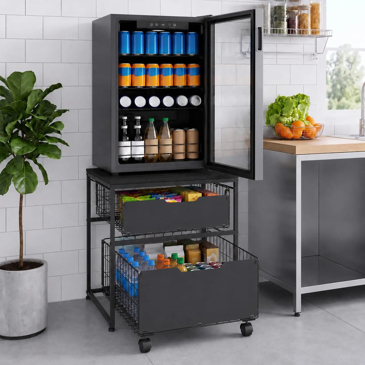 HiMISS Mini Fridge Stand With Pull Out Baskets And Wheels