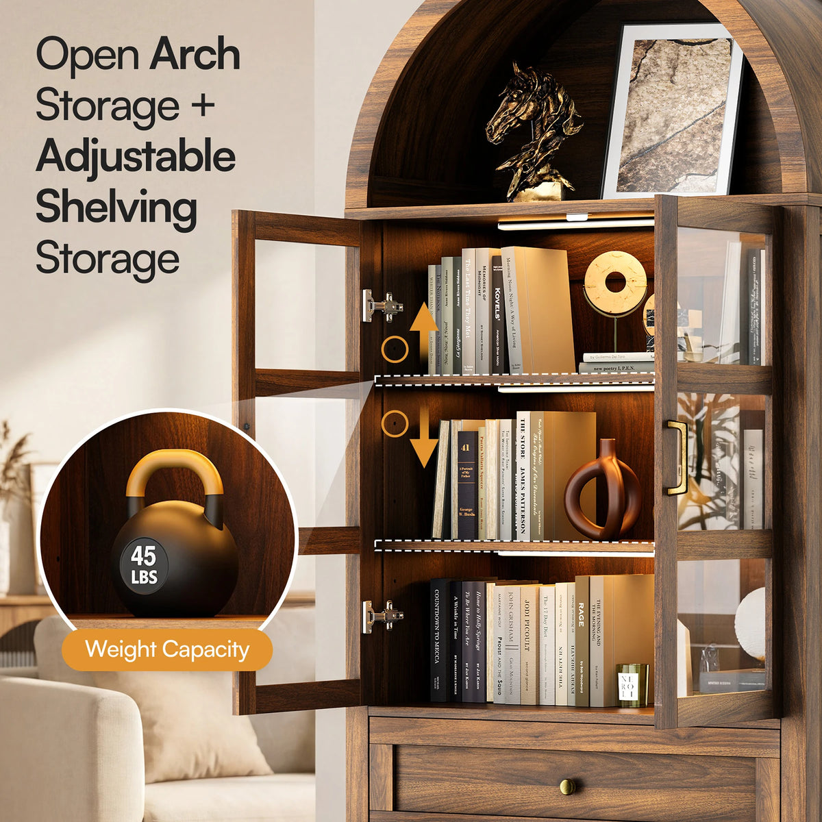 Cottinch Modern Arched Storage Cabinet With Adjustable Wooden Shelves