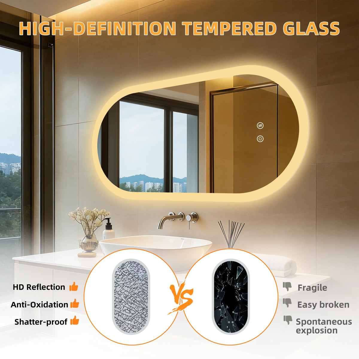 BORWART Smart LED Bathroom Mirror With Anti Fog Dimmable Lighting