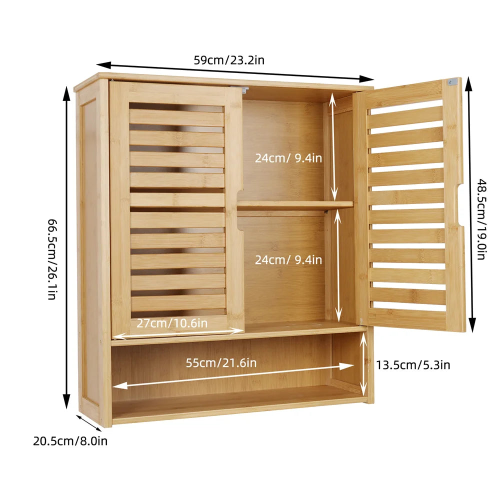 Natural Bamboo Wall Mounted Bathroom Cabinet With Adjustable Storage Shelf