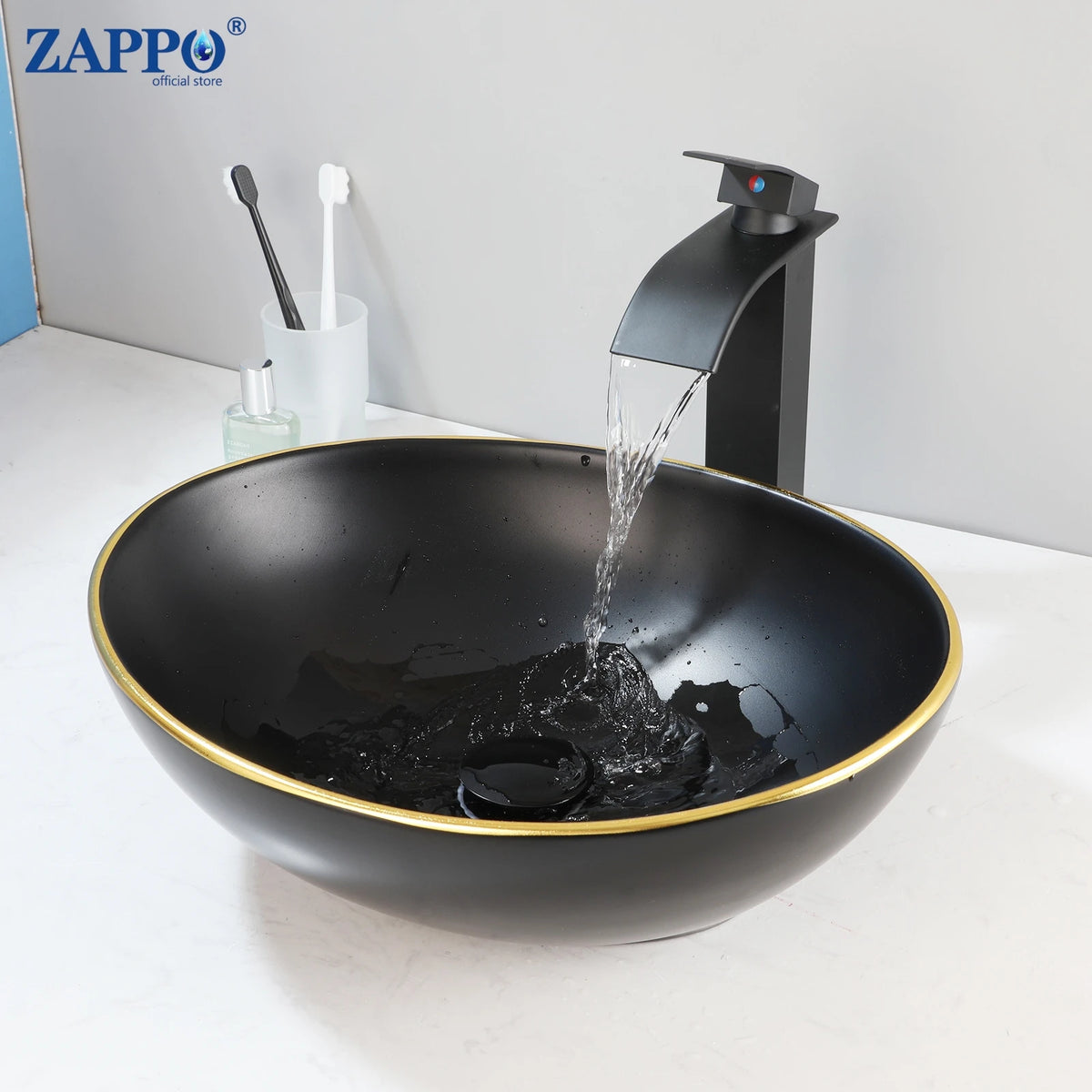 MEKKHALA Round Ceramic Vessel Sink Set Antique Brass Waterfall Faucet