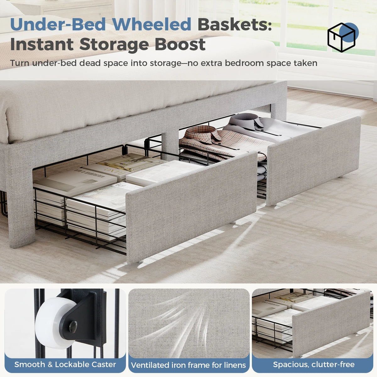 MCQ Upholstered Platform Bed Frame with Headboard and Storage Drawers
