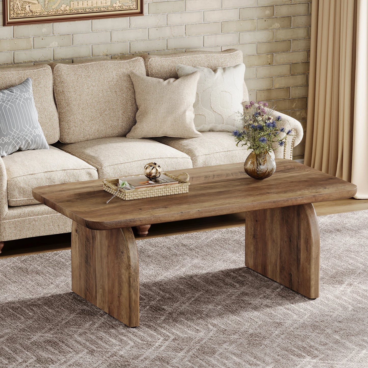 Tribesigns Farmhouse Rectangular Coffee Table With Sturdy Wood Base