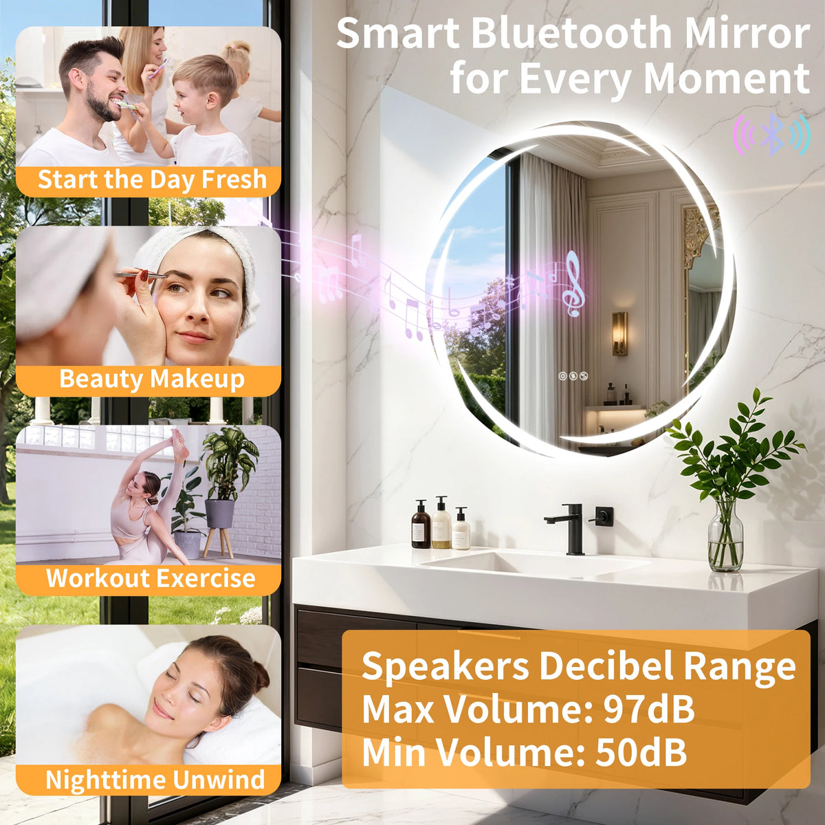 Round Led Bathroom Mirror With Bluetooth Speaker And Defog