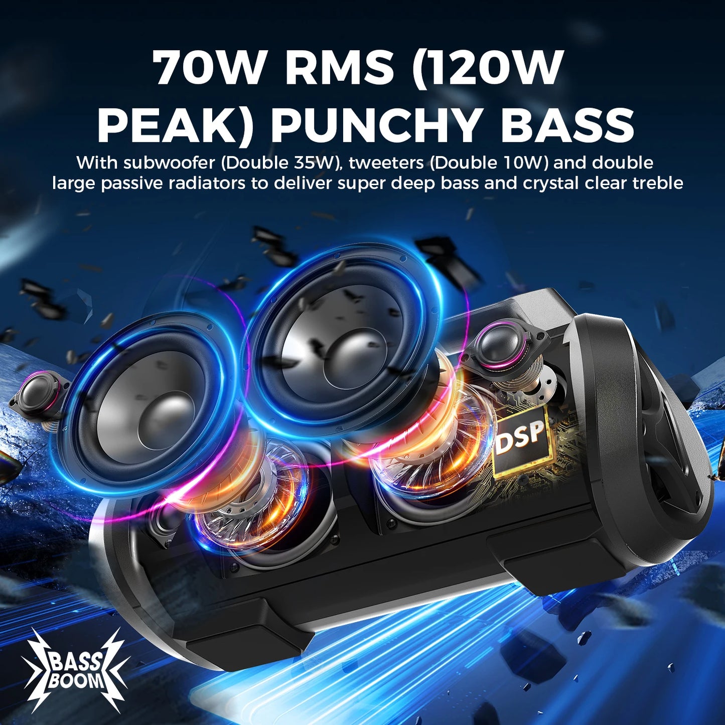 W-King 70W Portable Bluetooth Speaker With Subwoofer And IPX6 Waterproof