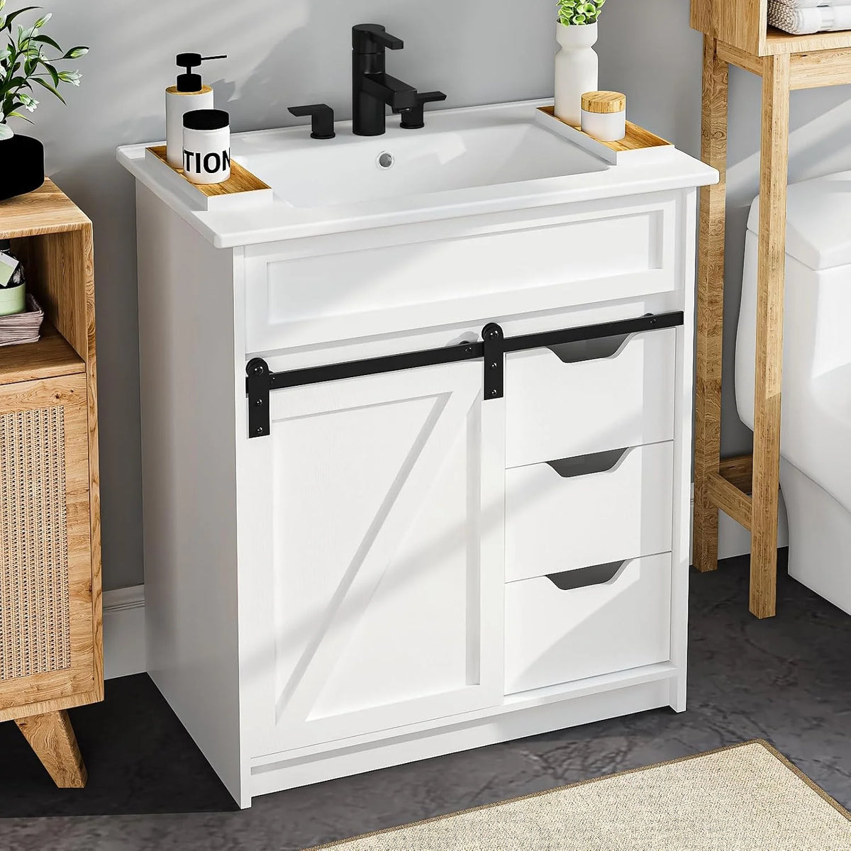 EVOKEDEN Farmhouse Bathroom Vanity With Sink Barn Door And Drawers