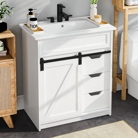 EVOKEDEN Farmhouse Bathroom Vanity With Sink Barn Door And Drawers
