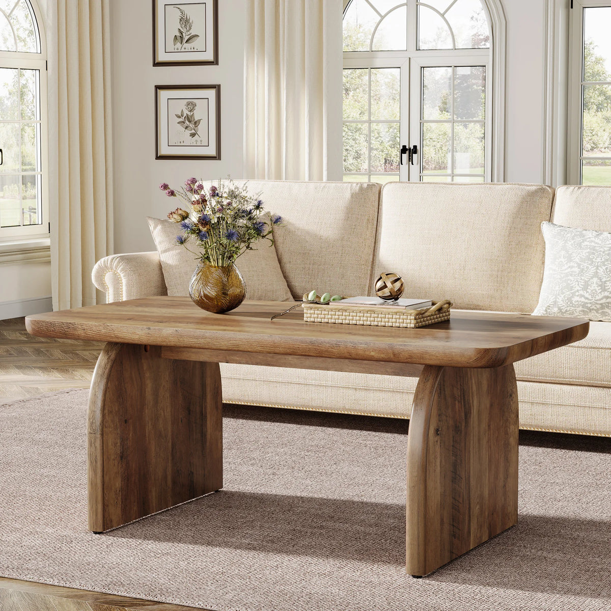 Tribesigns Farmhouse Rectangular Coffee Table With Sturdy Wood Base