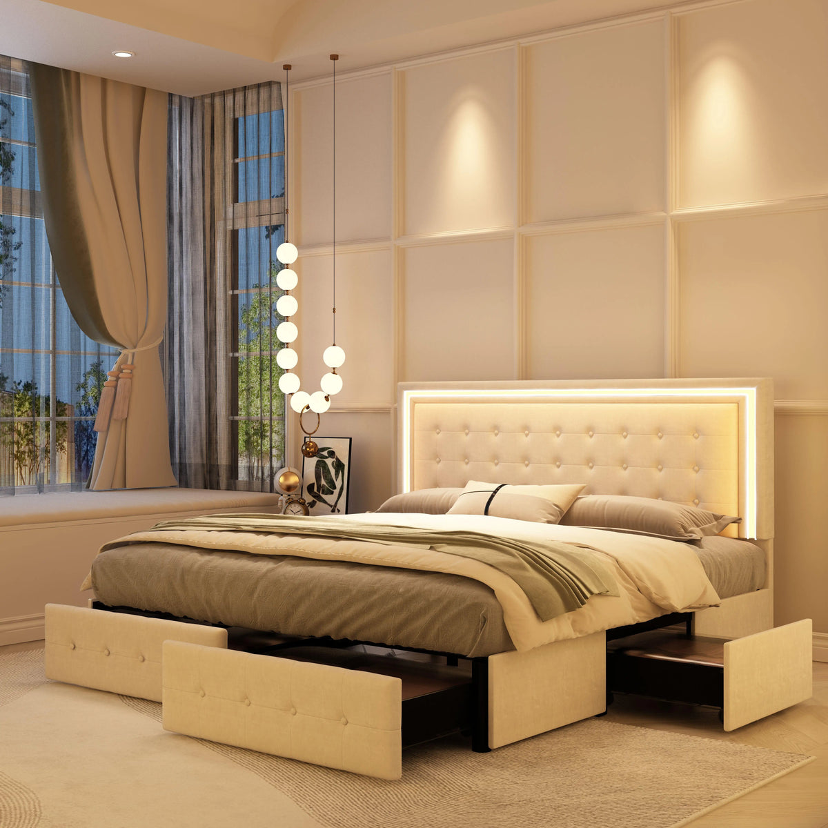 GEGOFORU Bed Frame With 4 Storage Drawers And LED Headboard