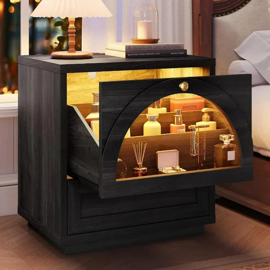 Modern Wood Nightstand With Charging Station, Lights And Arched Glass