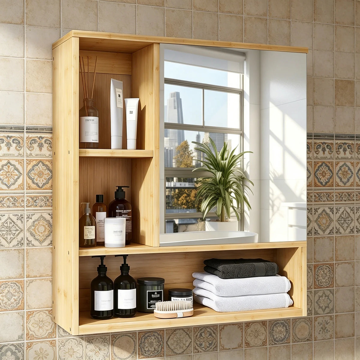 Modern Bamboo Wall Mounted Vanity Cabinet With Adjustable Shelf And Mirror