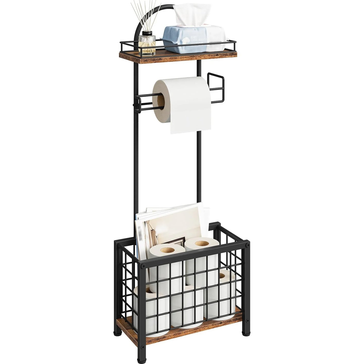 Freestanding Iron Bathroom Toilet Paper Holder With Shelf And Basket