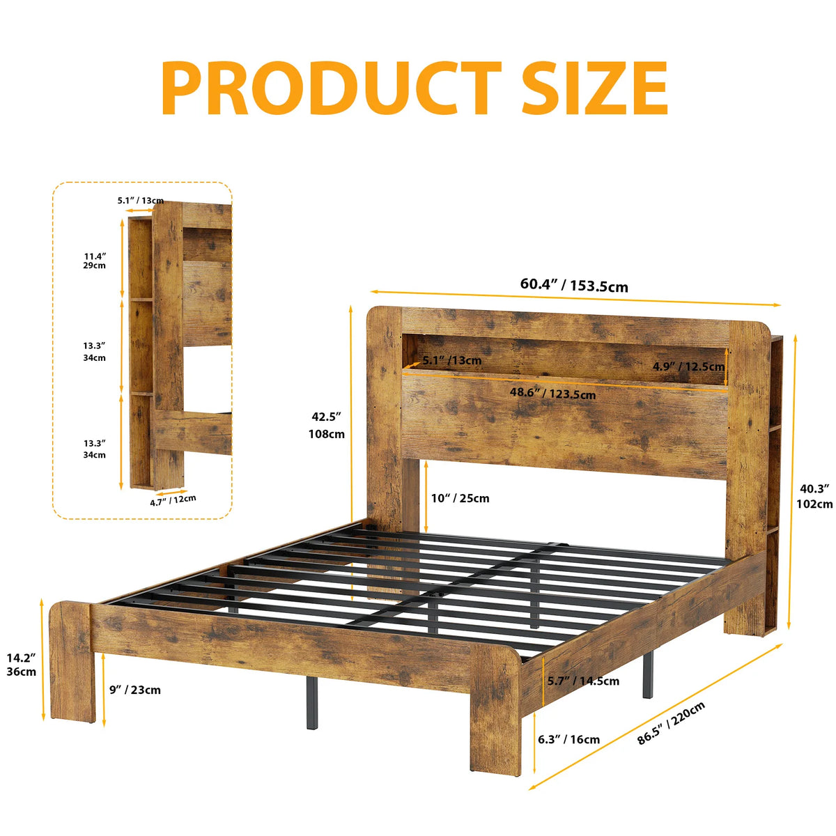 Platform Bed With Storage Headboard, Charging Station And LED Lights