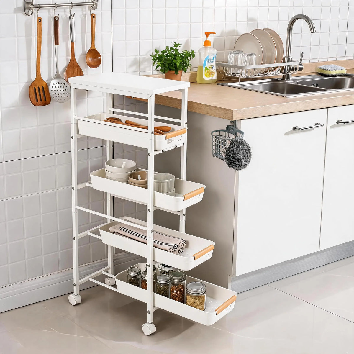 Studyset Five Tier Rolling Kitchen Cart With Pull Out Basket