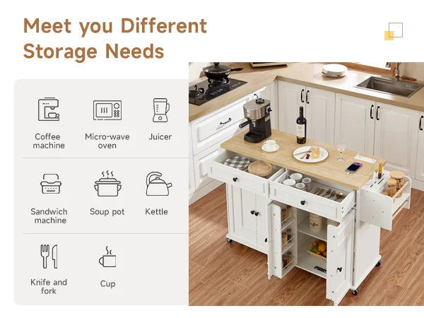 Rolling Wooden Kitchen Island Cart Featuring Drop Leaf Design