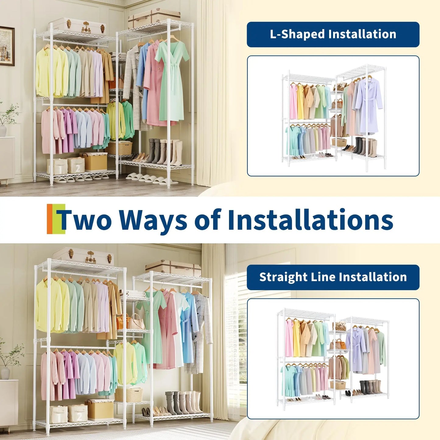 HiMiss Freestanding L Shaped Clothes Rack With Adjustable Shelves