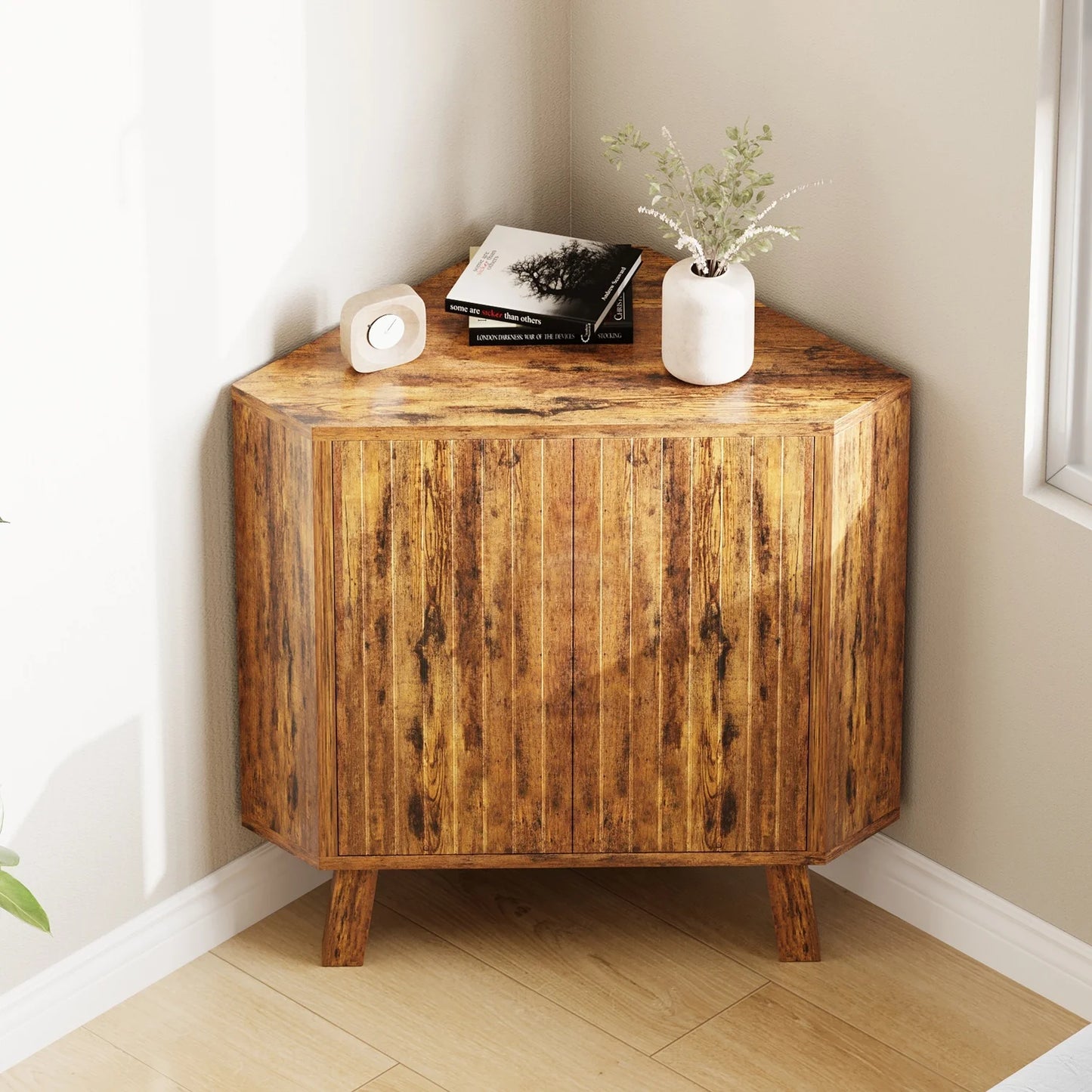 HiMISS Industrial Farmhouse Corner Storage Cabinet with Adjustable Shelf
