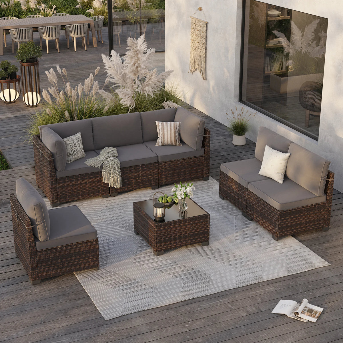 7 Piece Outdoor Rattan Patio Furniture Conversation Set