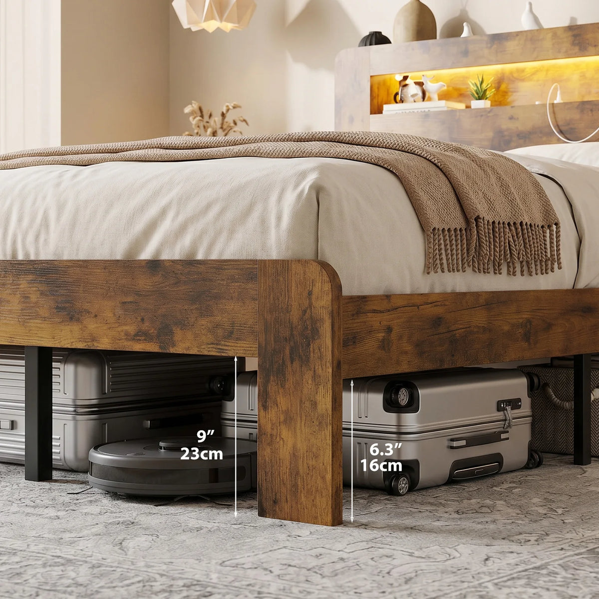 Platform Bed With Storage Headboard, Charging Station And LED Lights
