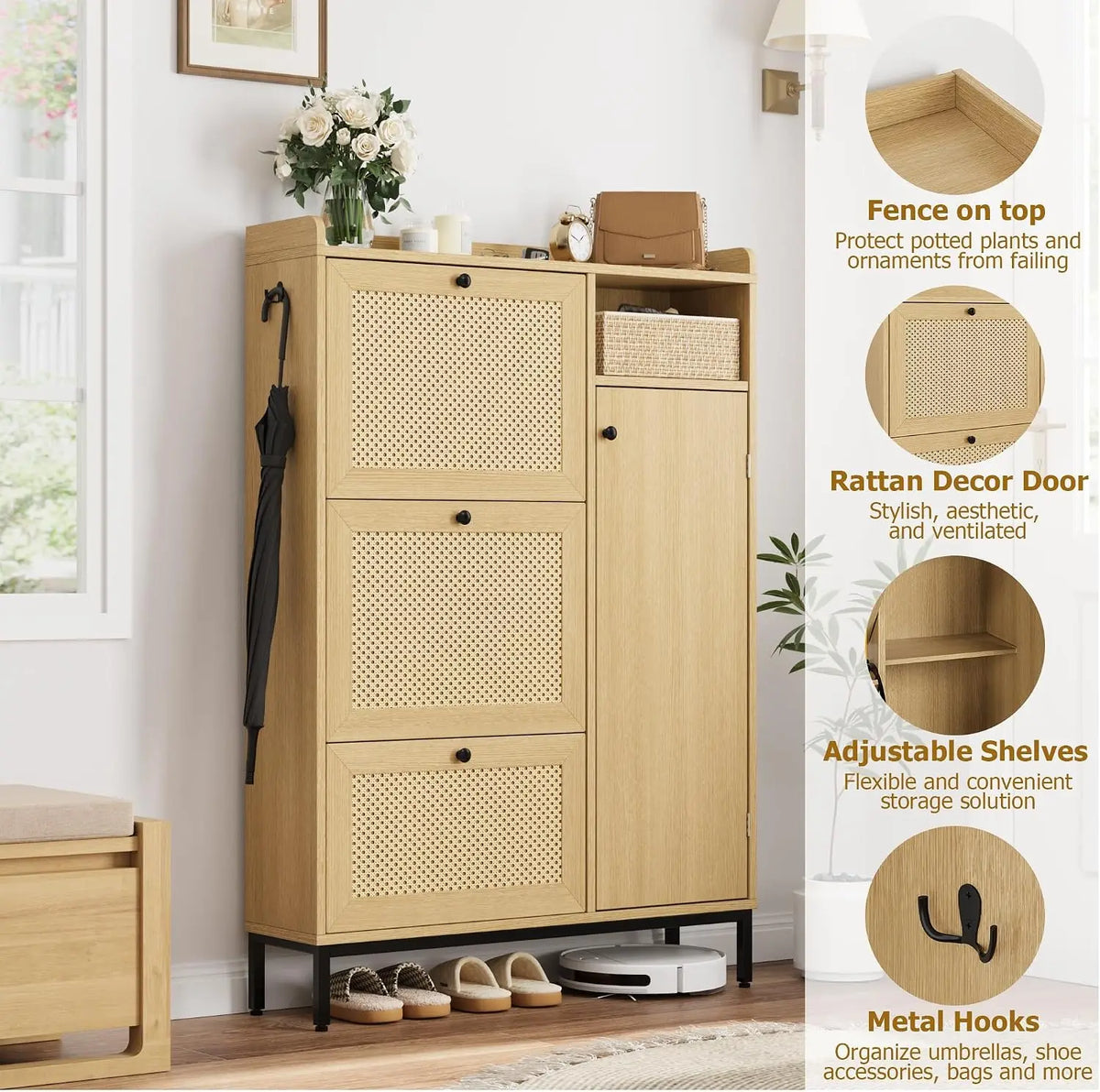 Garvee Wooden Shoe Cabinet With Flip Drawers And Rattan Doors