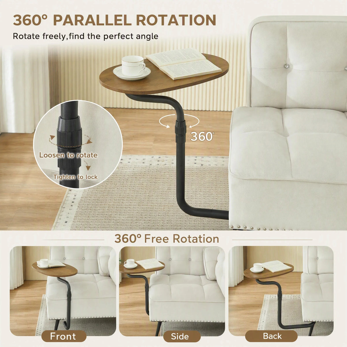 Modern Velvet Sofa With 360 Degree Rotating Side Table