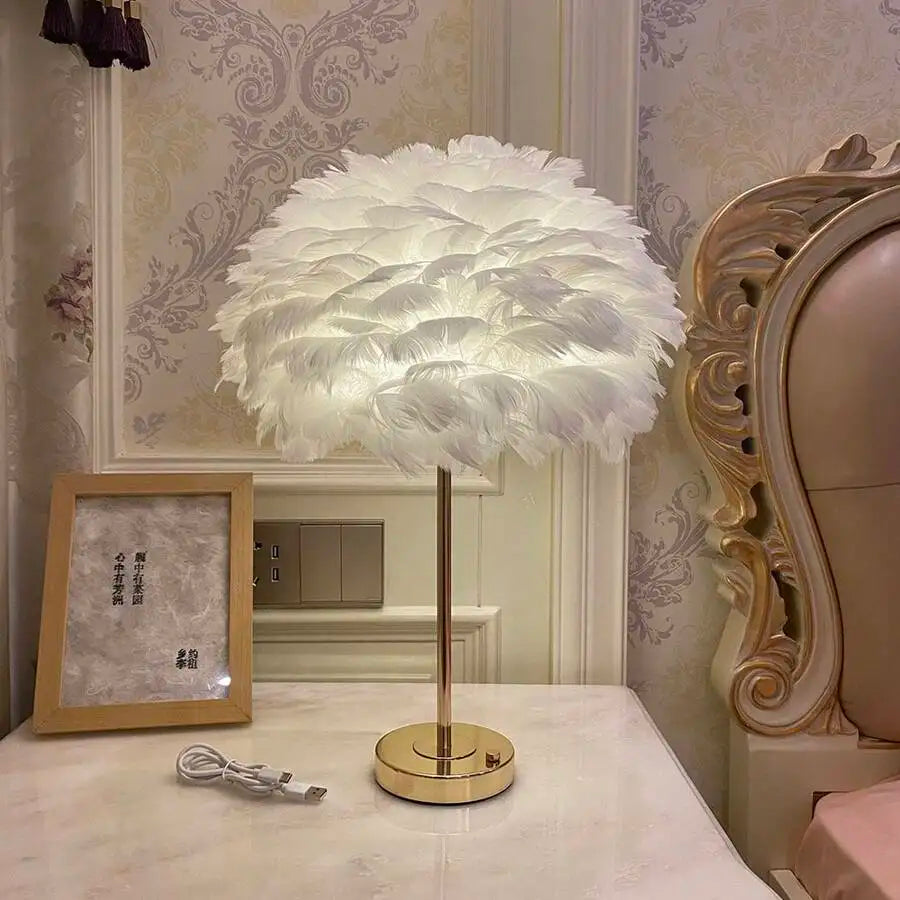 Rechargeable Feather Table Lamp For Modern Bedroom Bedside Ambient Lighting