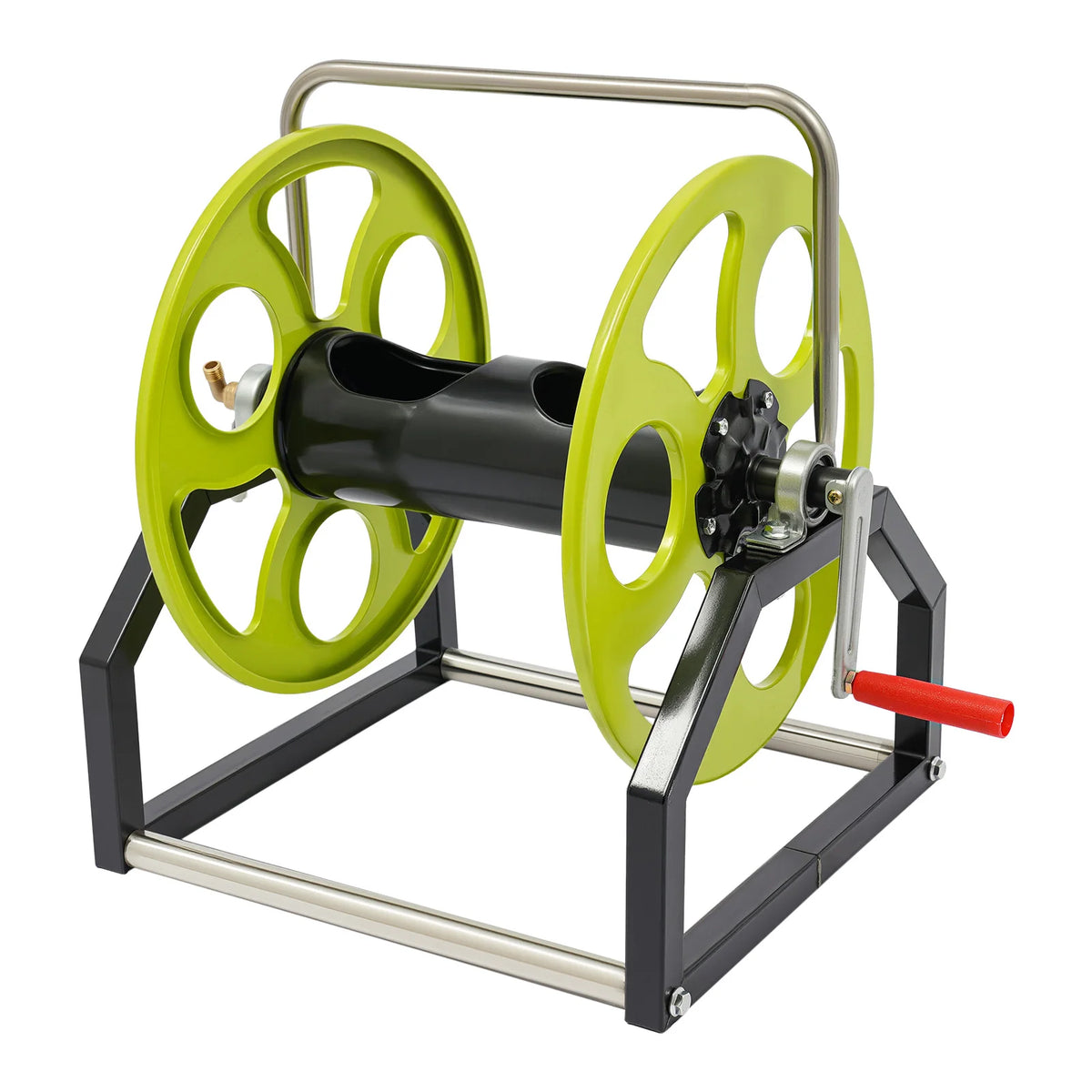 Metal Garden Hose Reel Featuring Crank Handle And Swivel Nozzle