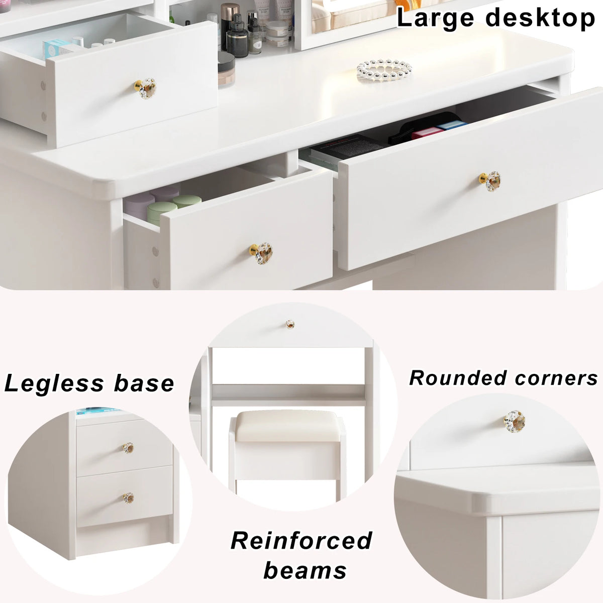 Modern Wooden Vanity Desk Featuring Adjustable LED Sliding Mirror