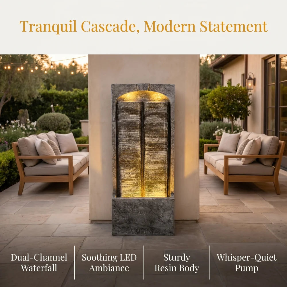 Cascading Outdoor Water Fountain With LED Lighting And Quiet Pump