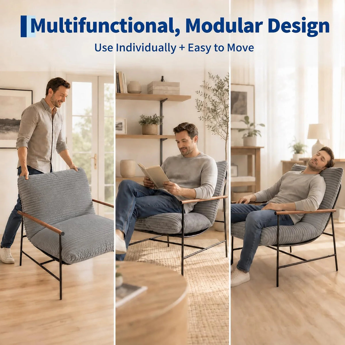 HiMISS Corduroy Lounge Chair With Wood Arms And Metal Frame