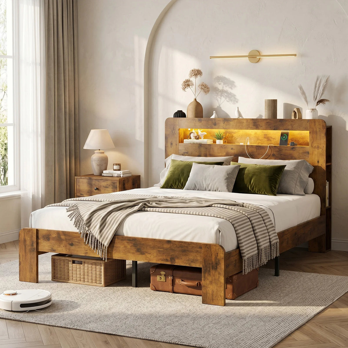 Platform Bed With Storage Headboard, Charging Station And LED Lights