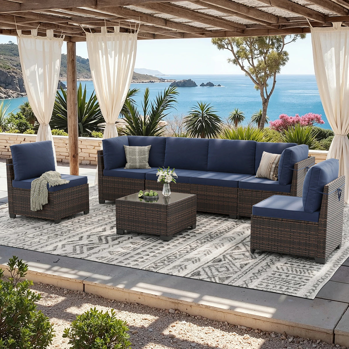 7 Piece Outdoor Rattan Patio Furniture Conversation Set